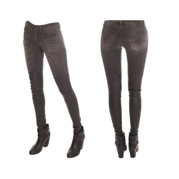 R13 Japanese Denim Knee Chaps‎ Shredded Black Leather Sz 24 Style R13wm0040-69 - Picture 3 of 14